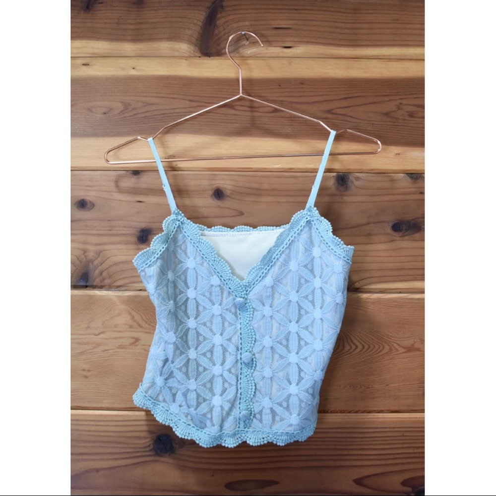 Floral Daisy Lace Scallop Crochet Trim Mint Button Cami